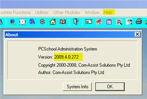 PCSchool Version 2009.4 or greater Help About Check the Version you are on, you must be on version 2009.4.0.272 or greater to access all the following; Internet Connection You must be able to connect to the Internet to Upload the files.
