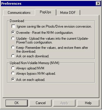 Figure 32: Preferences-PopUps Tab Download Section: Ignore saving file on Ptools/Drive revision conversion.
