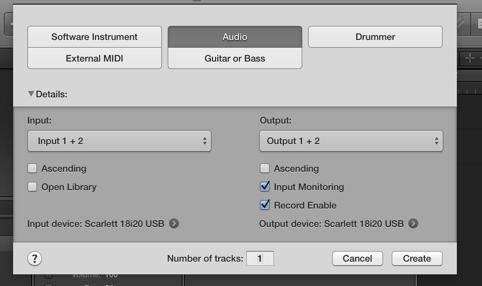 Now an audio track needs to be created so the sound module can be both heard and recorded. Again click the + button in the arrange window and select Audio.