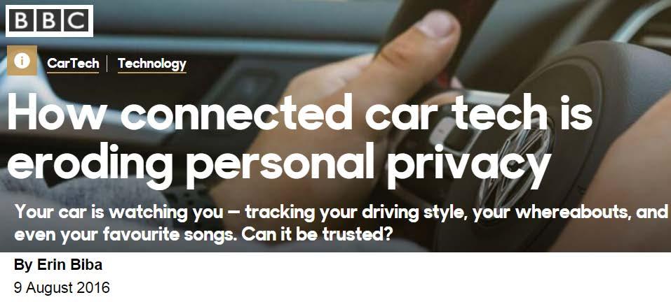Vehicular Data Privacy and Security Telematic Systems like OnStar (GM), Car-Net (VW) access large amounts of telemetry data Systems can also remotely control cars, may collect and transmit any kind