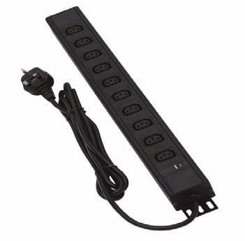 rating 13A, 250V 3 metre input lead terminated with a BS1363 plug fused at 13A Order Code 6 Way BS1363 Vertical Mounting PDU with socket at 45 degrees - Switched 13 AMP PSV06DR21SN3DB 8 Way BS1363