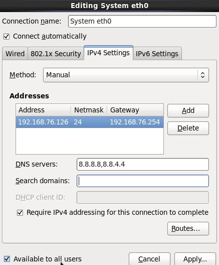 Enter the Address, Netmask, Gateway, DNS servers (separated by