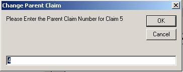 A Change Parent Claim window will then appear, as shown in Figure 16. The number of the new parent claim can be placed in the corresponding data line.