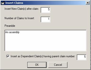 Figure 17: Insert Claims Window An Insert New Claim after claim data line is presented in the Insert Claims window for inserting the number of the claim preceding the first claim to be inserted.