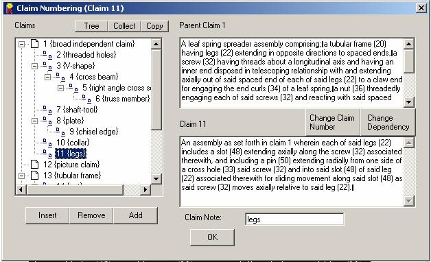 Figure 18: Claim Number Window with Claim Notes Copy Option The Copy button on the top left of the Claim Numbering window allows for a copy of the claim tree as seen on the left side of the window to