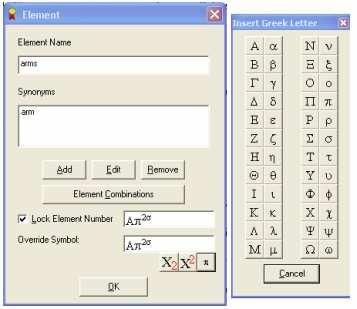 This window allows the user to add, edit, or remove synonyms of the element name and to force an element to be assigned a desired reference numeral.