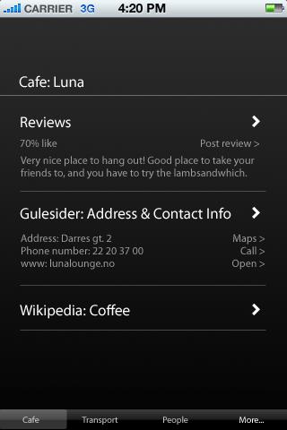 Fig 11. At the café - information about the café While at the café, the mobile device should be able to deduce that the user is at a café by using the iphone's GPS and the user's calendar.