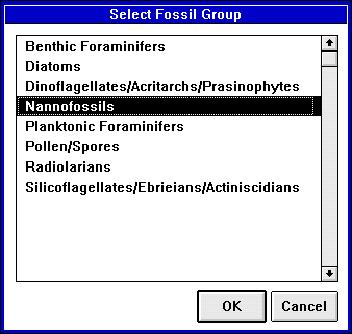 PAL User s Manual 10 Select Fossil Group Window First you must select a Fossil Group. Open this window by clicking on the Fossil Grp button or the F9 key, or by selecting it from the Lists menu.