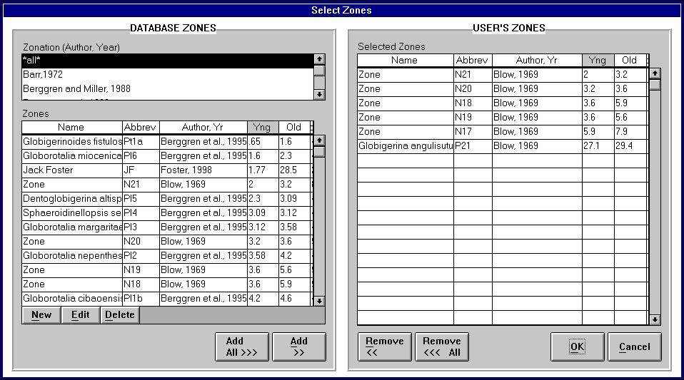 PAL User s Manual 11 Select Zones Window After your Fossil Group, you must next select Zones. Open this window by pressing the Zones button or the F7 key, or by selecting it from the Lists menu.