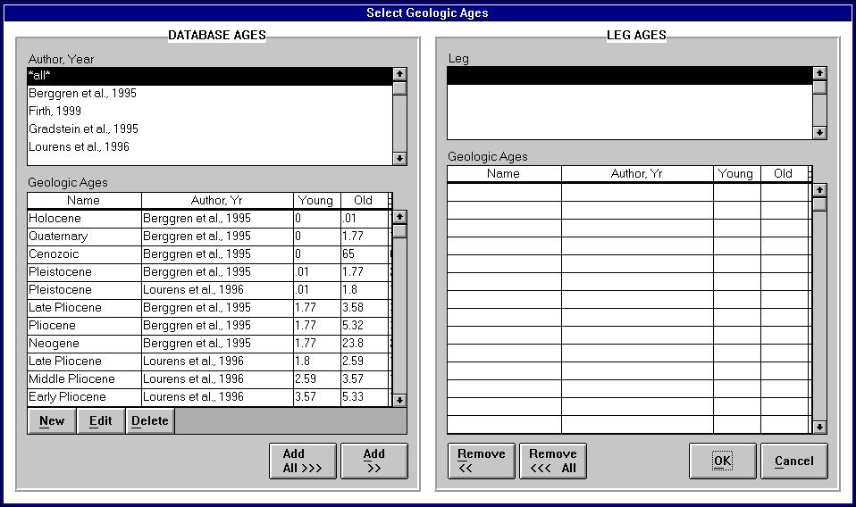 PAL User s Manual 13 Select Geologic Ages Window After selecting zones, next select the geologic ages.