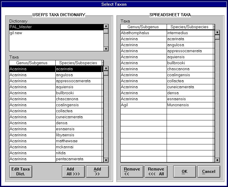 PAL User s Manual 21 Select Taxon Window Next, select taxa for each spreadsheet that you make from the User s Dictionaries you created. Do this at the Select Taxon window (See Figure 13).