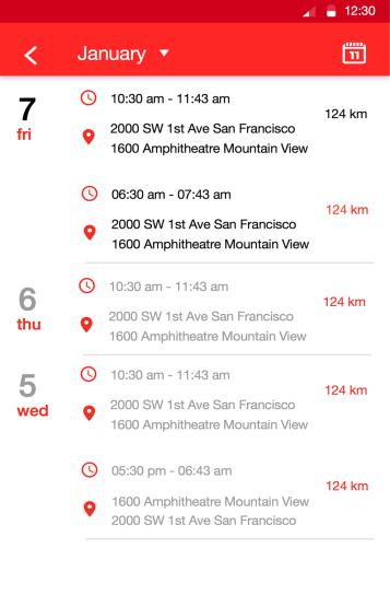 02 Trip Report - List 1 2 1. Calendar The calendar allows the user to select a specific day of the list. If a day presents any trips, there will be a red circle around it, otherwise it will be white.