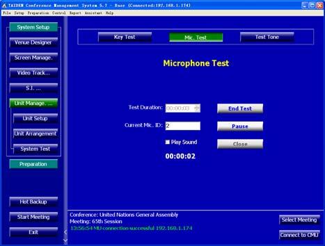 System detection Microphone test interface Online system test facility, including microphone test, key test.