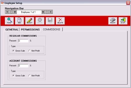 13 Commissions: The Commissions tab is used to setup what percentage of a sale an employee gets when they are designated as a salesman in POS.
