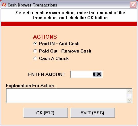 20 Section 13 Add/Remove Cash, Cashing Checks Use the Cash Drawer Transactions screen, accessed from the Point of Sale menu on the startup screen of Perennial, to add and remove cash, or cash checks.