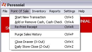 23 Section 17 Reprinting Receipts To reprint a previous invoice receipt, select the Reprint Receipt (Ctrl+R) menu item located in the Point of Sale menu on the startup