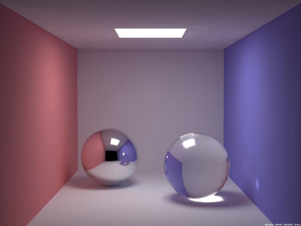 We see, by adding more effects to the scene, like soft shadows caused by the area light source, a caustic caused by the glass ball and indirect illumination caused by diffuse reflection at the walls,