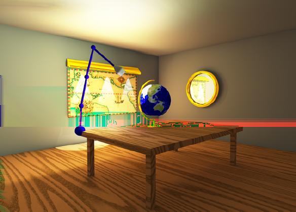 The lamp illuminates a part of the globe and so reflects a yellowish colour into the scene. (c) The Shirley-6 test scene with 600 triangles using a procedural shader. Rendered with about 12 fps.