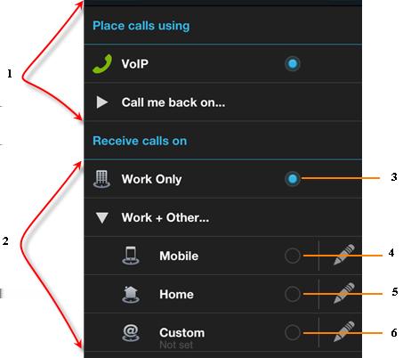 Configure the application No. Description 1 The fields located here control how the application places calls. This does not affect mobile twinning.