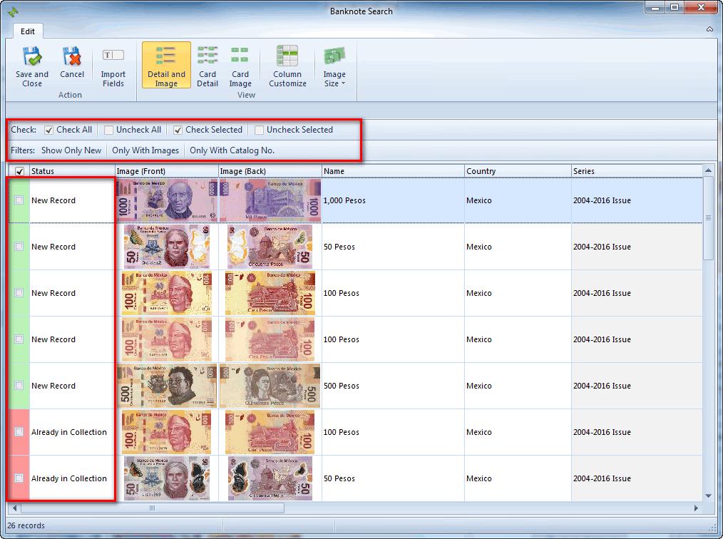 After downloading has completed, a window with downloaded banknotes pop ups. Simply check the ones you want to add to your collection.