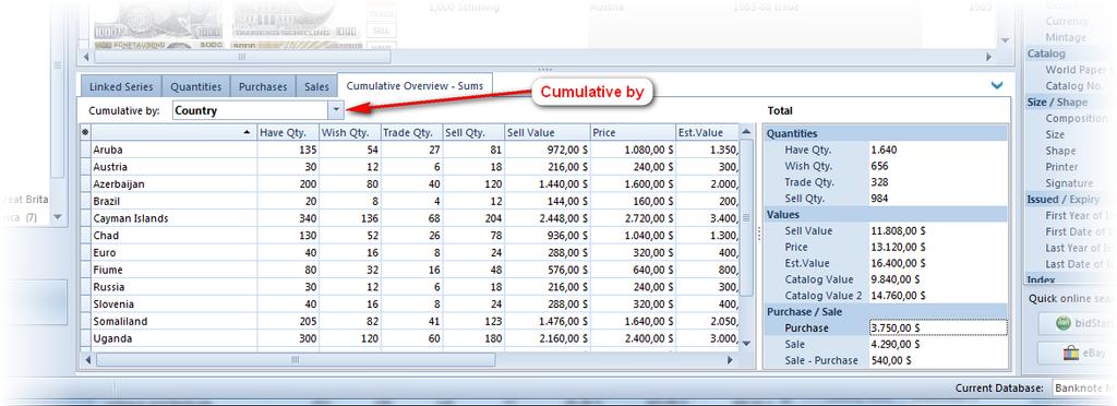 Cumulative Overview - Sums Cumulative overview allows you to view the sums of quantities and values of all the records.