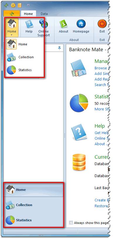 To switch between three main windows (Home, Collection or Statistics) you can either open the dropdown menu in the Toolbar (upper left corner) or choose among them in