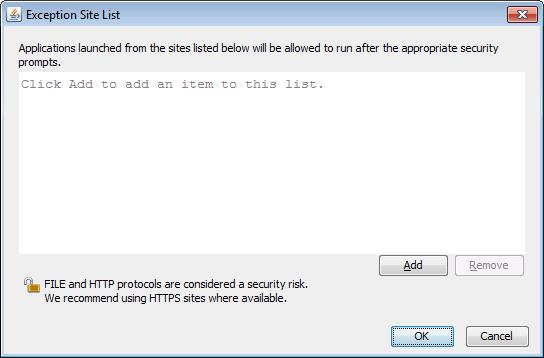 12. The Exception Site List dialog will be displayed: 13. Leaving this dialog open, examine the icon / shortcut / browser favourite used to run OmegaPS; e.g (from an Internet Explorer shortcut): 14.