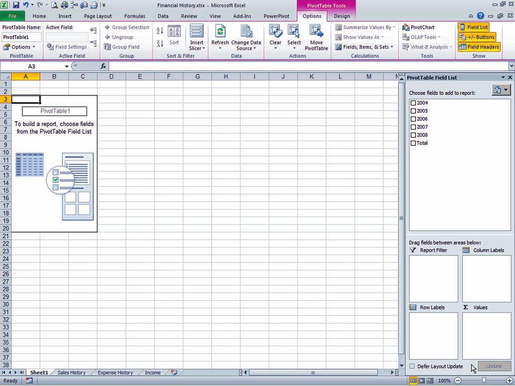 Creating Charts and PivotTables 327 Figure 10-21 New PivotTable in worksheet PivotTable are a in Worksheet PivotTable Tools Tab Options Tab in PivotTable Tools