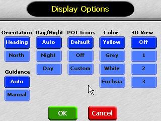 To set your display settings: 1. Press. The main menu appears. 2. Tap Display Options. The Display Options screen appears. 3. Tap your Orientation preference: Heading or North.