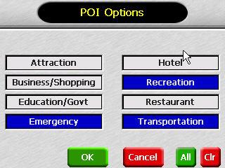 When you tap Custom the POI Options screen appears. Tap on the categories you want displayed. The categories to be displayed are highlighted.