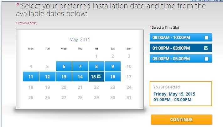 Step 3: Schedule Installation After selecting potential date and time, click Continue.