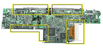 17. Make sure the underside of the replacement logic board includes the following items: Left and right