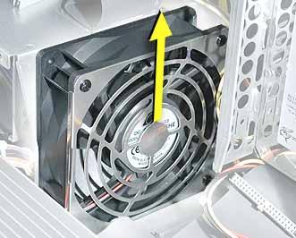 3. Slide the fan straight up to disconnect it from the optical drive shelf,
