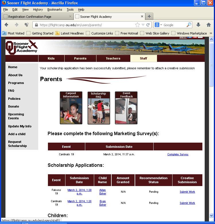 3. Back on the Parent page, your scholarship application(s) status can be viewed there (YY).