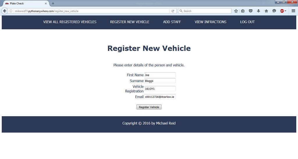 Figure 17 View all registered vehicles screen 3.3.4 Register New Vehicle This screen allows for a new vehicle to be registered for on campus parking.