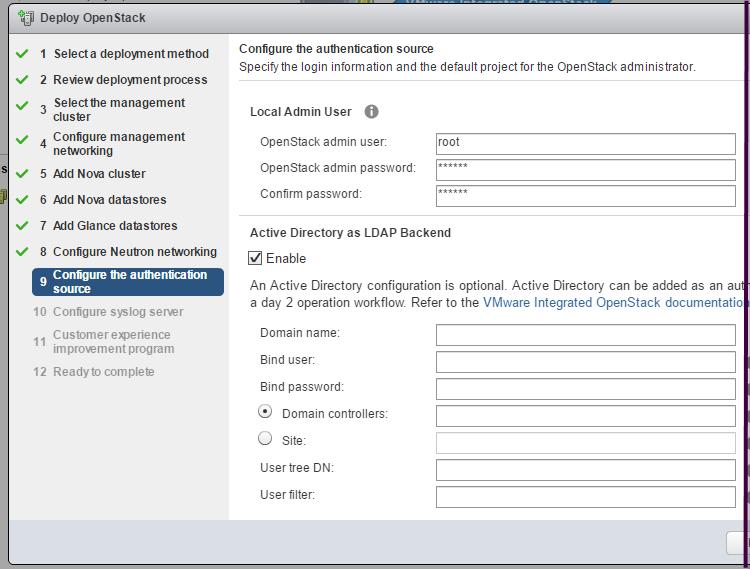 Chapter 6 Installing VMware Integrated OpenStack 19 Set the VMware Integrated OpenStack authentication source. Create and confirm the administrator credentials in the Setup OpenStack admin user panel.