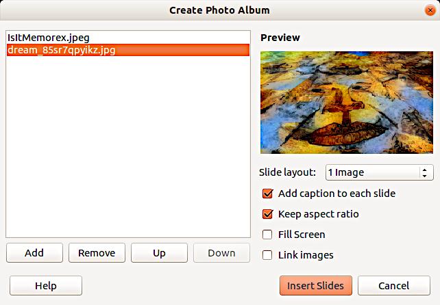 Open an existing or blank presentation. Go to the slide that precedes the photo album. Choose Insert > Media > Photo Album. 4) In the Create Photo Album dialog (Figure 29), click Add.