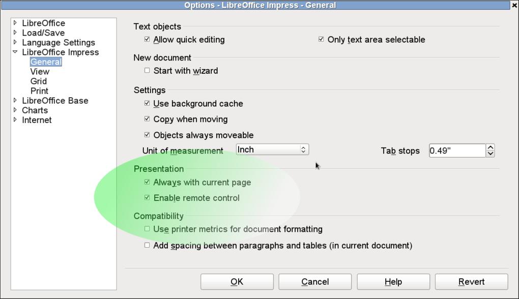 Figure 31: LibreOffice settings for Impress remote control Running a slide show