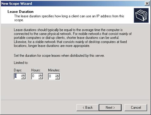 Figure 10. Configuring DHCP server: Lease Duration window 9.