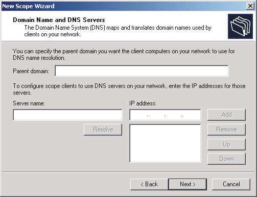 Figure 13. Configuring DHCP server: Domain Name and DNS Servers window 13.