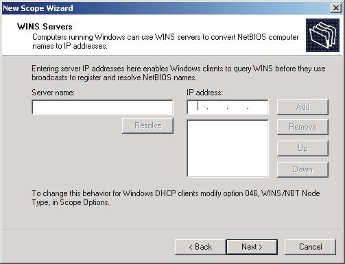 Figure 14. Configuring DHCP server: WINS Servers window 14.