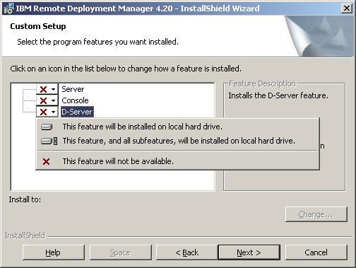 Figure 25. Installing RDM D-Server on Windows: Custom Setup window 8.