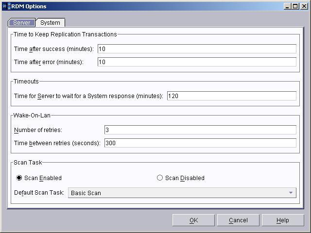Figure 34. RDM Options window: Server page On the Server page, set the time intervals for replication transactions and time-outs, and enable or disable the default scan task.
