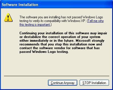 Figure 2-7 Windows XP Warning Box 7. After the files have been successfully copied, the screen in Figure 2-8 will appear.