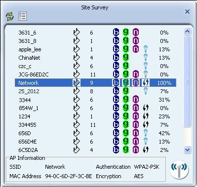3.1.1 Site Survey Click the Site Survey icon on the screen of the Utility and the Site Survey screen with many available wireless network choices will appear.