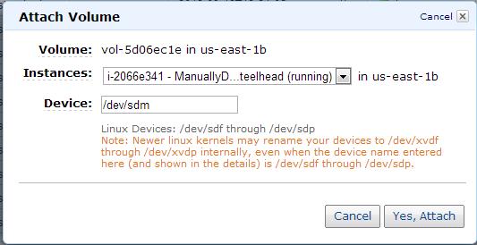 Connecting to the CSH Management Console Provisioning an AWS CSH Manually Figure 6-16. Attach Volume Dialog Box 3. In the Attach Volume dialog box, select the instance name from the drop-down list. 4.