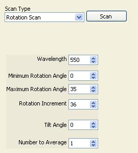 Enter the scan parameters: (Minimum Wavelength, Maximum Wavelength, Increment, Rotation angle, Tilt Angle, and Number to Average) Press the Scan Button to perform the measurement.