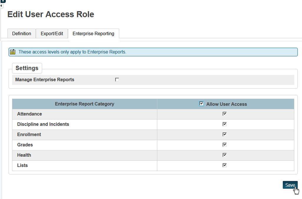 6 Switch to the Enterprise Reporting tab and select the categories that