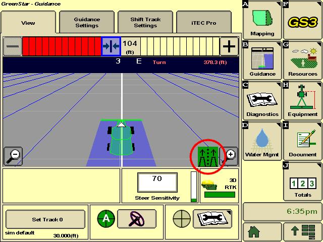 Simulation RowSense States: RowSense sensor is installed and enabled Row Sensors Out of Crop AutoTrac is active and there is valid GPS data, but no data from the crop feelers.