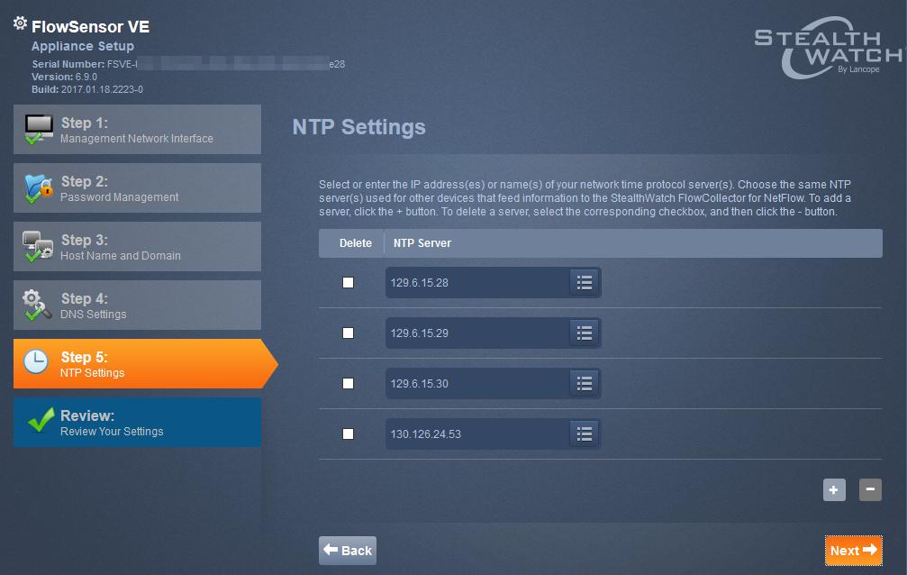 Click Next. The NTP Settings page opens. 8.